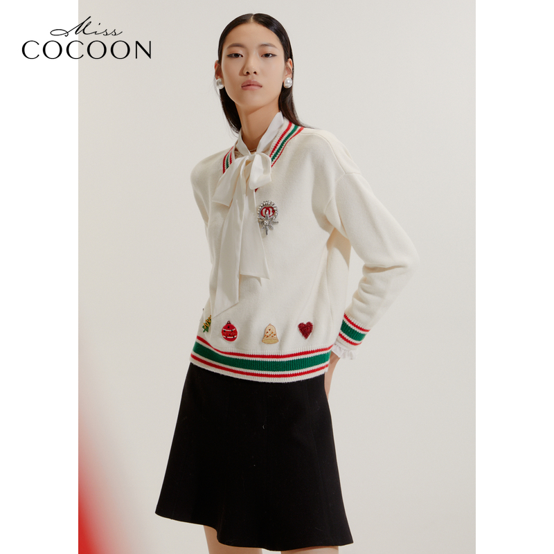 可可尼COCOON商场同款2024秋冬新款学院风减龄提花绵羊毛针织衫女