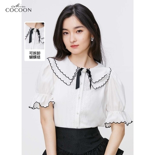 夏季 missCOCOON法式 女2024新款 短袖 白色衬衫 蝴蝶结设计娃娃领上衣