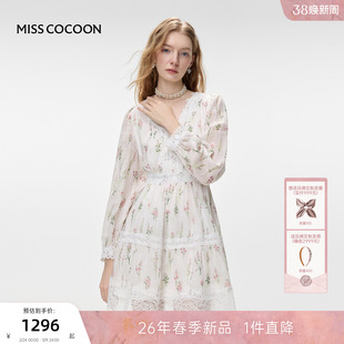 MISSCOCOON可可尼V领长袖碎花裙女26春新款田园风白色苎麻连衣裙
