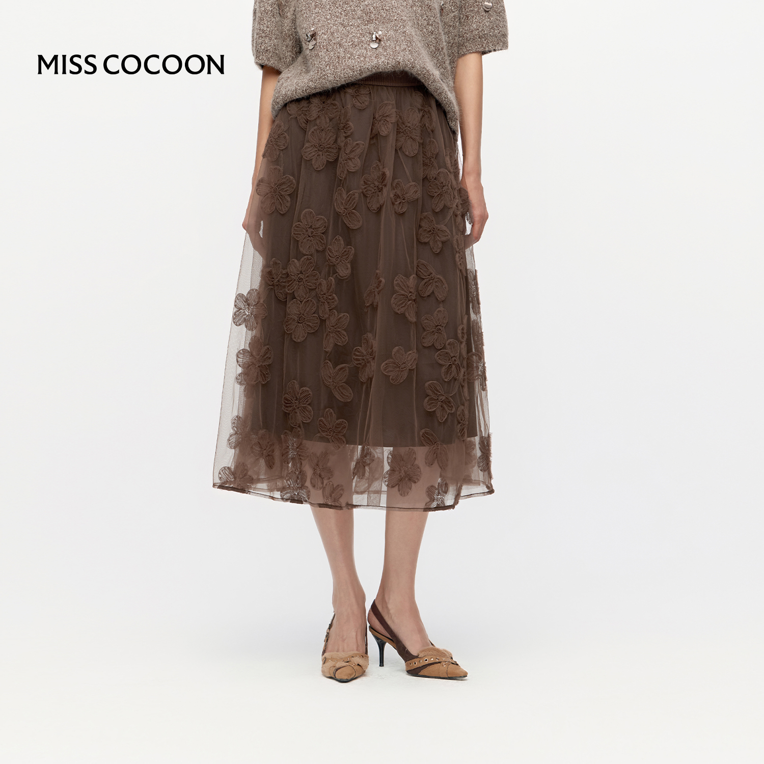 MISSCOCOON可可尼咖棕色蕾丝a字半身长裙女2025冬新款网纱感裙子