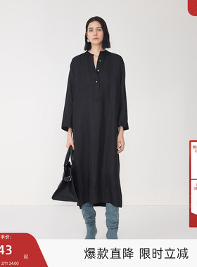 MISSCOCOON可可尼C3系列黑色悬垂桑蚕丝松弛廓形R0W风长袖连衣裙