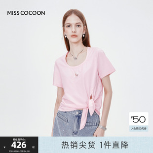 MISS COCOON可可尼粉色方领T恤上衣2025夏季 新款 兔耳系带设计短袖