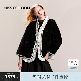 2024新款 可可尼cocoon羊毛皮草女款 蝴蝶结花边大衣小个子黑色外套