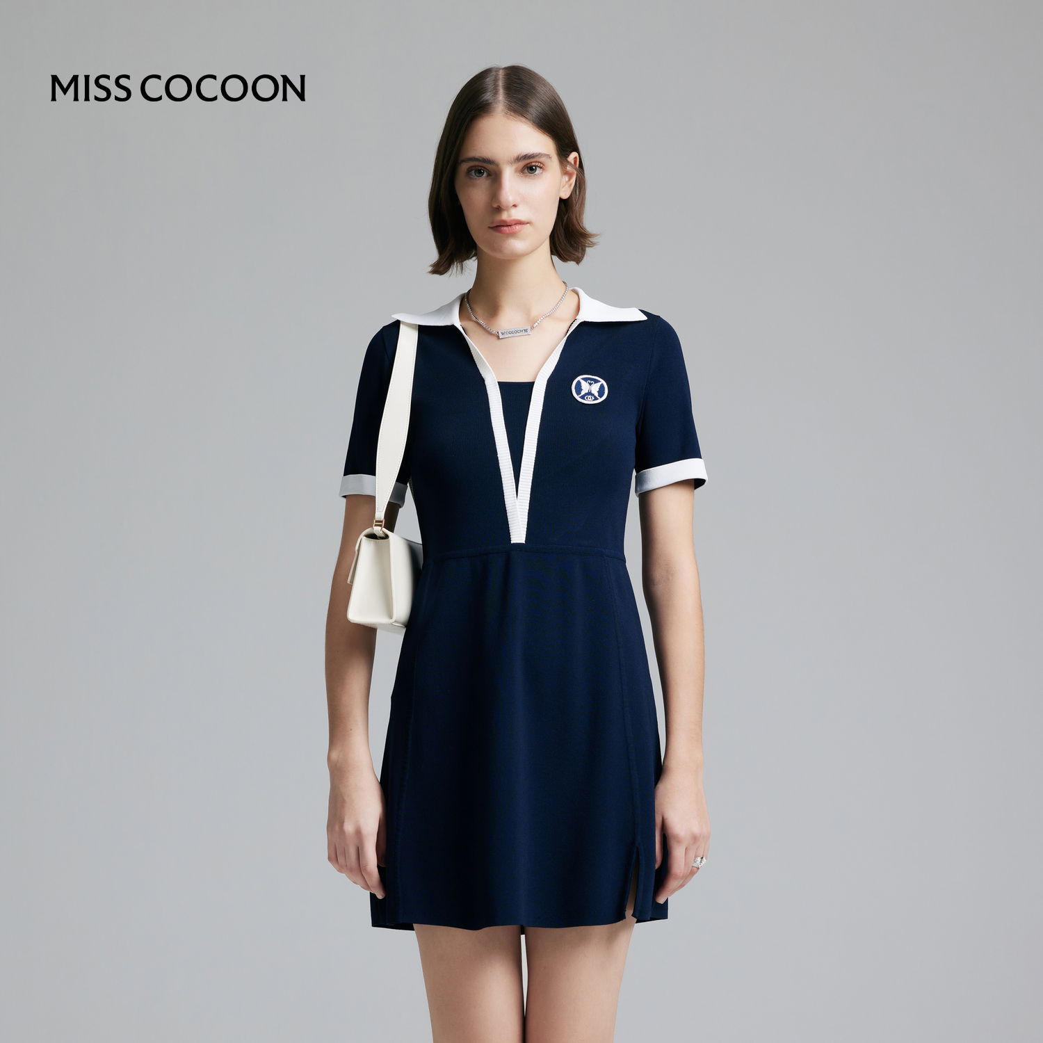 COCOON可可尼 商场同款藏青色复古学院风假两件针织连衣裙女