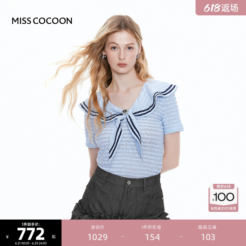 MISS COCOON可可尼学院风蕾丝上衣女2025夏季新款系带海军领短袖