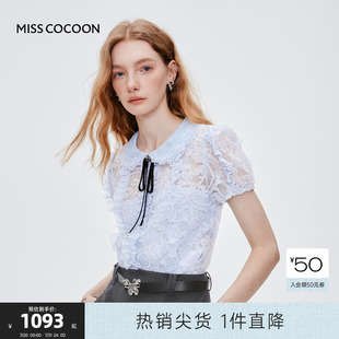 蓝色蕾丝短袖 MISS 新款 COCOON可可尼泡泡袖 女 娃娃领上衣2025夏季