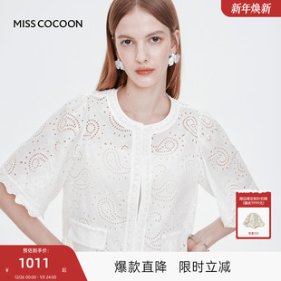 镂空短袖 新款 上衣女2025秋季 MISSCOCOON可可尼纯棉白色蕾丝泡泡袖