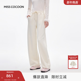 休闲抽绳宽松弯刀裤 MISSCOCOON可可尼白色直筒阔腿裤 女2025冬新款