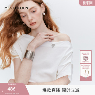 COCOON可可尼女款 白色短袖 法式 新款 设计感斜肩上衣2025秋季 MISS