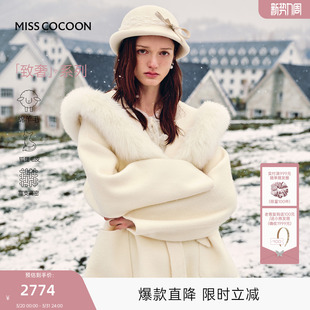 MISSCOCOON可可尼毛呢大衣女2025秋冬新款 慵懒风狐狸毛连帽外套