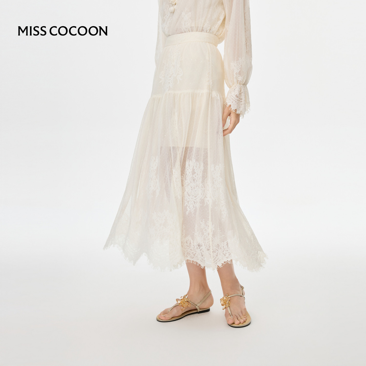 MISSCOCOON可可尼网纱蕾丝裙子女2026秋季新款法式白色伞裙半身裙