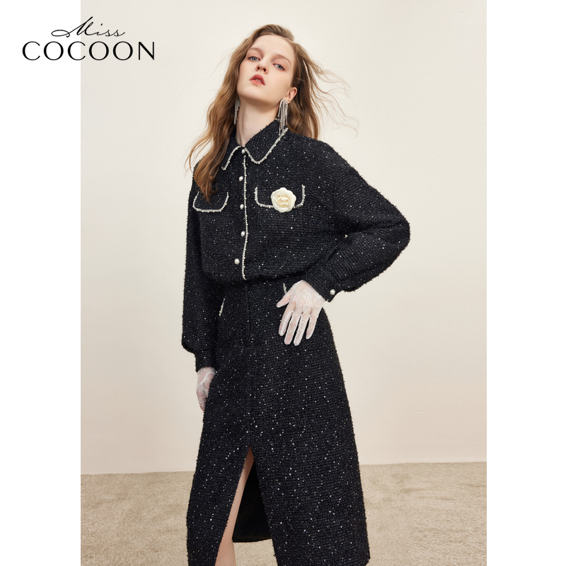 missCOCOON珠片色织料衬衫裙2023冬装新款女复古撞色小香风连衣裙