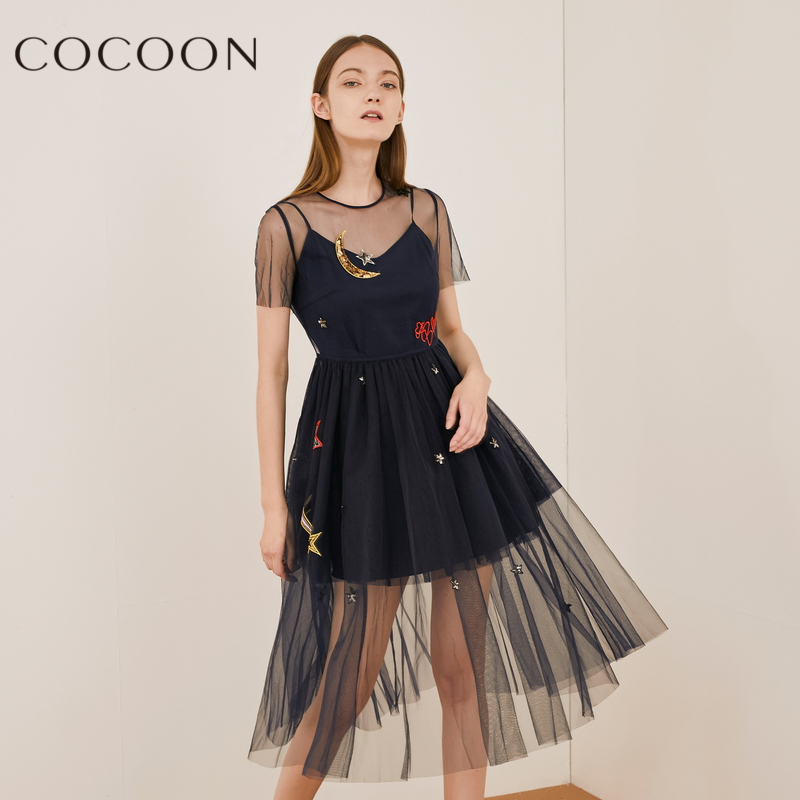 可可尼2018秋裝新品女裝性感透視亮片短袖圓領兩件套連衣裙