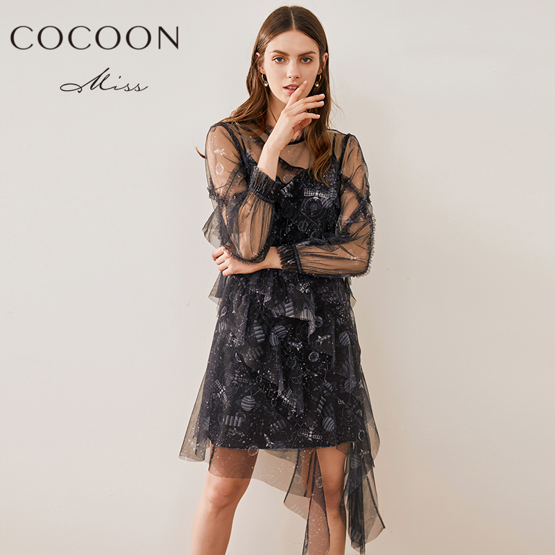 miss COCOON2018秋裝新品女裝印花不規則網紗連衣裙兩件套