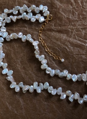 冷强光白色小花瓣形巴洛克珍珠14k颈链短款天然淡水珍珠项链女