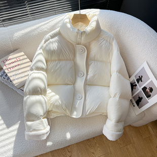 2025冬季新款羽绒服女短款加厚泡芙羊羔毛拼接小个子外套90白鸭绒