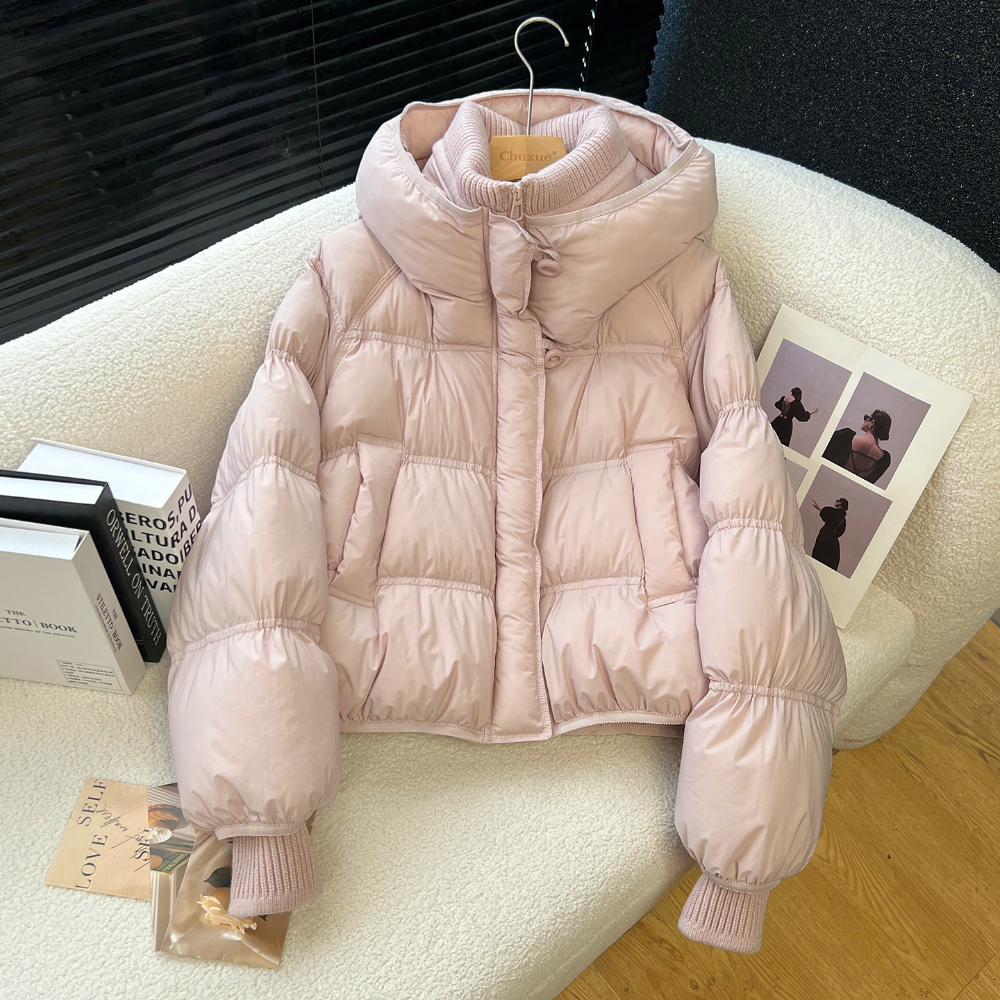 above deck糖果色羽绒服女短款连帽针织拼接2025冬季新款时尚洋气