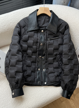 above deck压胶羽绒服女短款轻薄新直充PU皮领拼接翻领单排扣外套