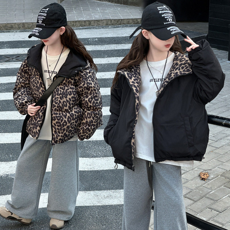 官网正品童装女童两面穿羽绒服2025新款儿童豹纹连帽保暖加厚吧啦