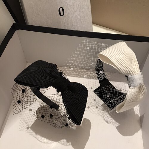 草编网纱发箍蝴蝶结饰品黑色白色蕾丝优雅高颅顶发卡设计感发饰潮