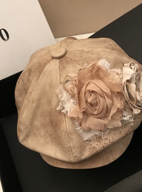 2026设计师款复古做旧PU皮质前进帽子女秋冬季百搭显脸小画家帽潮