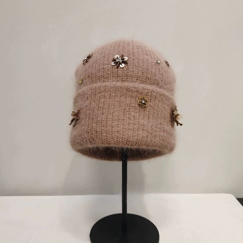 高品质毛毛针织帽钉珠花朵毛线帽女秋冬日韩温柔百搭保暖护耳冷帽