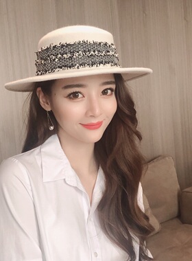 网红Mona同款白色羊毛呢平顶礼帽法式复古赫本风女秋冬天大檐帽子