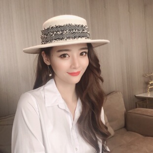 网红Mona同款白色羊毛呢平顶礼帽法式复古赫本风女秋冬天大檐帽子