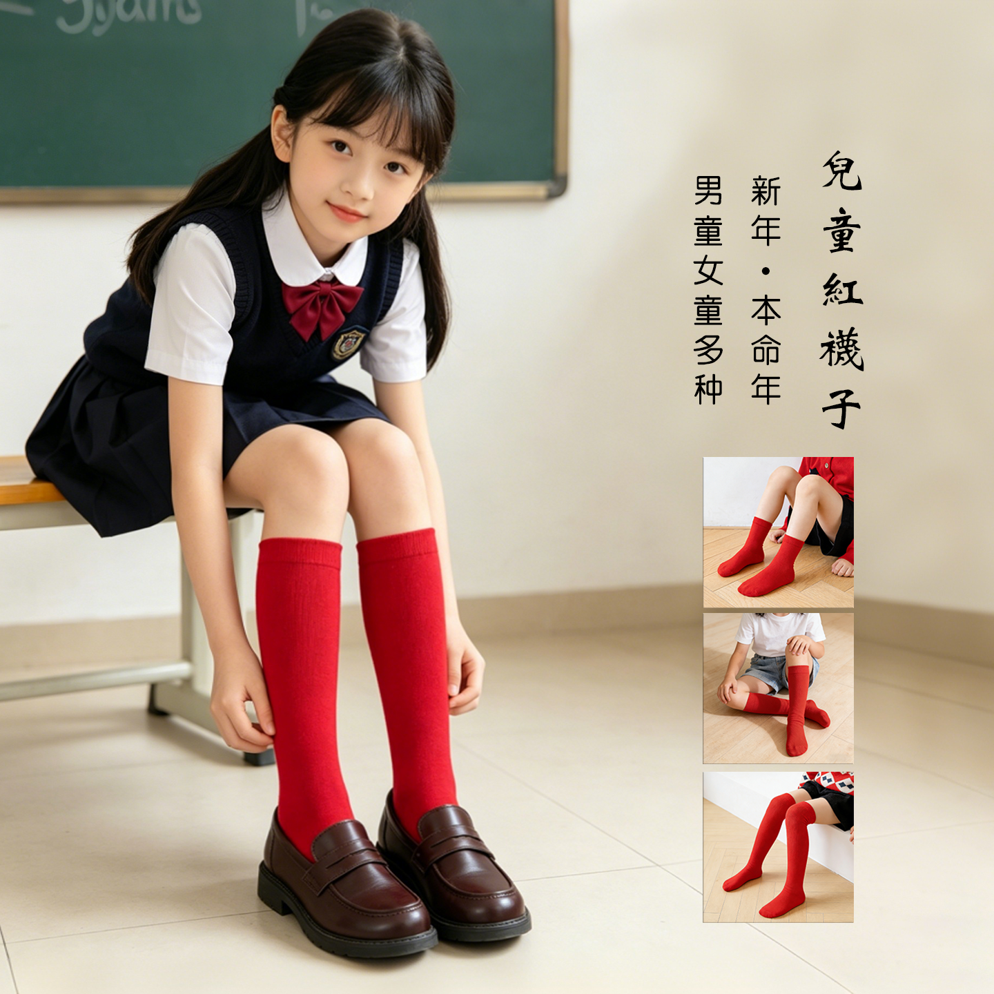 儿童红袜子女童过年新年本命年纯棉红色袜子男孩一双中筒长筒过膝