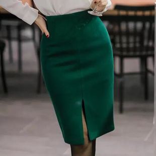 新款毛呢半身裙女墨绿色秋冬显瘦黑色高档修身半裙中长款前开衩裙