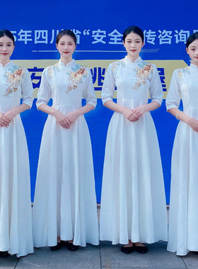 中式刺绣晚礼服女长裙立领