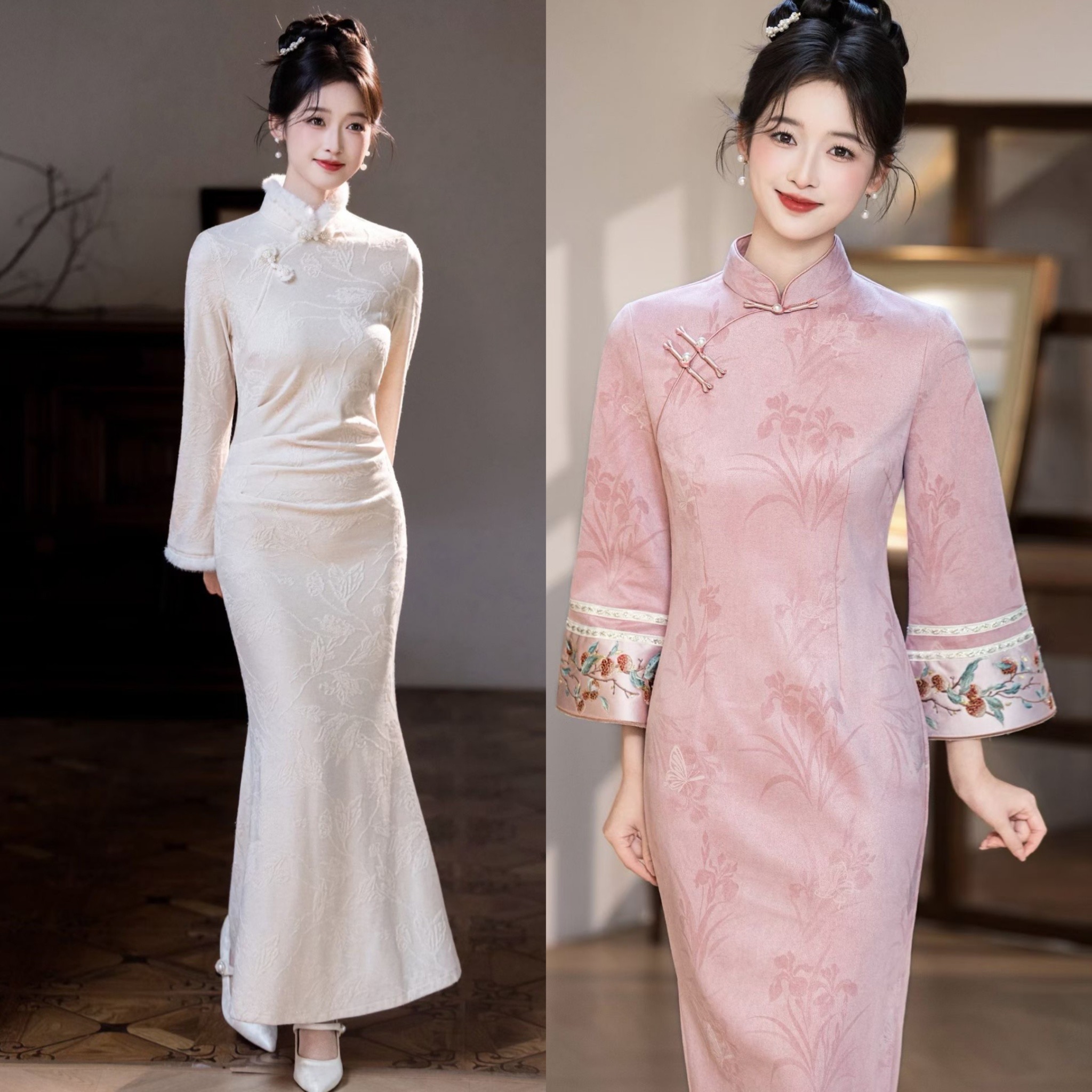 粉色旗袍2025新款高端加绒订婚礼服裙新中式日常可穿秋冬季倒大袖