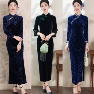 改良旗袍年轻款黑色丝绒气质长款长袖显瘦老上海复古少女中国风春