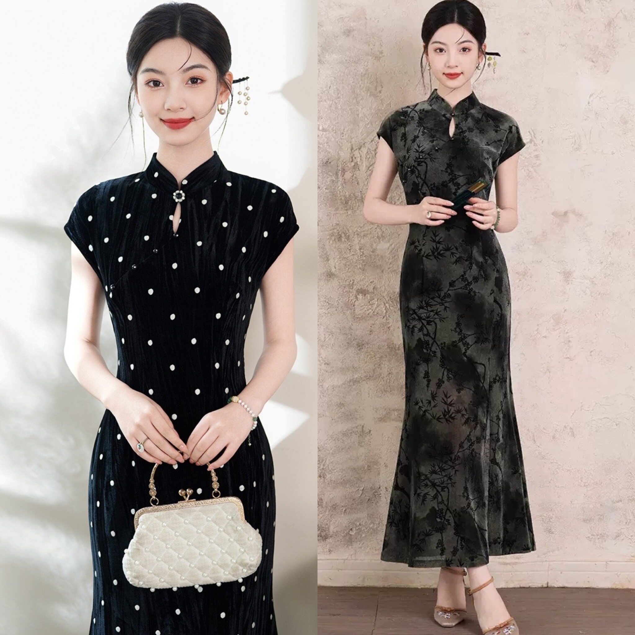 鱼尾波点旗袍短袖年轻款丝绒长款弹力改良连衣裙春秋季女装高级感