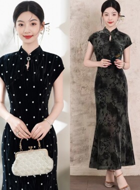 鱼尾波点旗袍短袖年轻款丝绒长款弹力改良连衣裙春秋季女装高级感