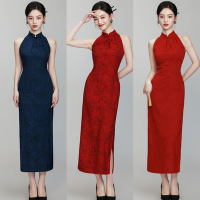 挂脖新中式旗袍新娘结婚敬酒服订婚礼服高端轻奢小众红色连衣裙女