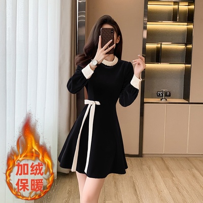 法式重工钉珠蝴蝶结黑丝绒连衣裙