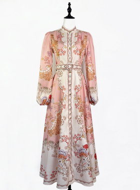 澳洲小众设计感复古印花连衣裙收腰显瘦单排扣大摆度假沙滩长裙