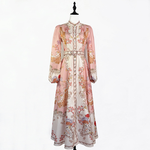 澳洲小众设计感复古印花连衣裙收腰显瘦单排扣大摆度假沙滩长裙