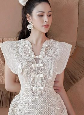 越南小众蕾丝刺绣立体浮雕连衣裙