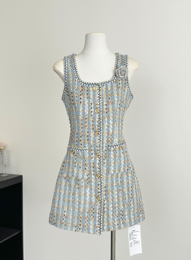 法式重工小香风浅蓝色粗花呢连衣裙千金气质显瘦无袖背心裙晚礼服