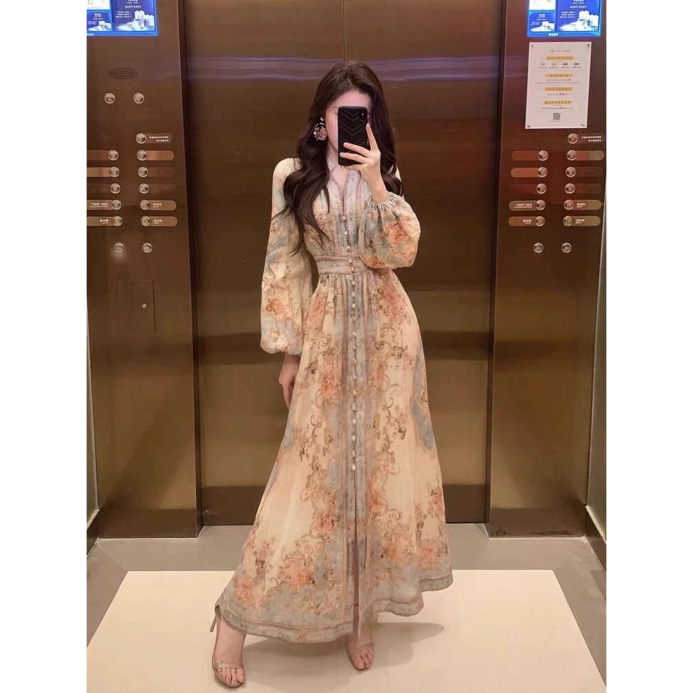 澳洲小香风泡泡袖碎花连衣裙轻奢气质单排扣绝美海边度假沙滩长裙
