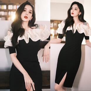 古力娜扎同款黑色连衣裙法式修身钉珠吊带露肩开叉荷叶边连衣裙