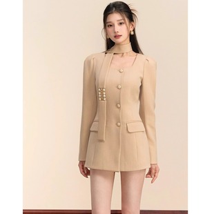 法式重工小香风套装名媛气质千金卡其色外套半身裙两件套