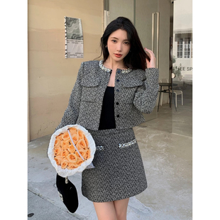 赵丽颖明星同款钉珠外套高腰半身短裙千金miu系穿搭小香风两件套