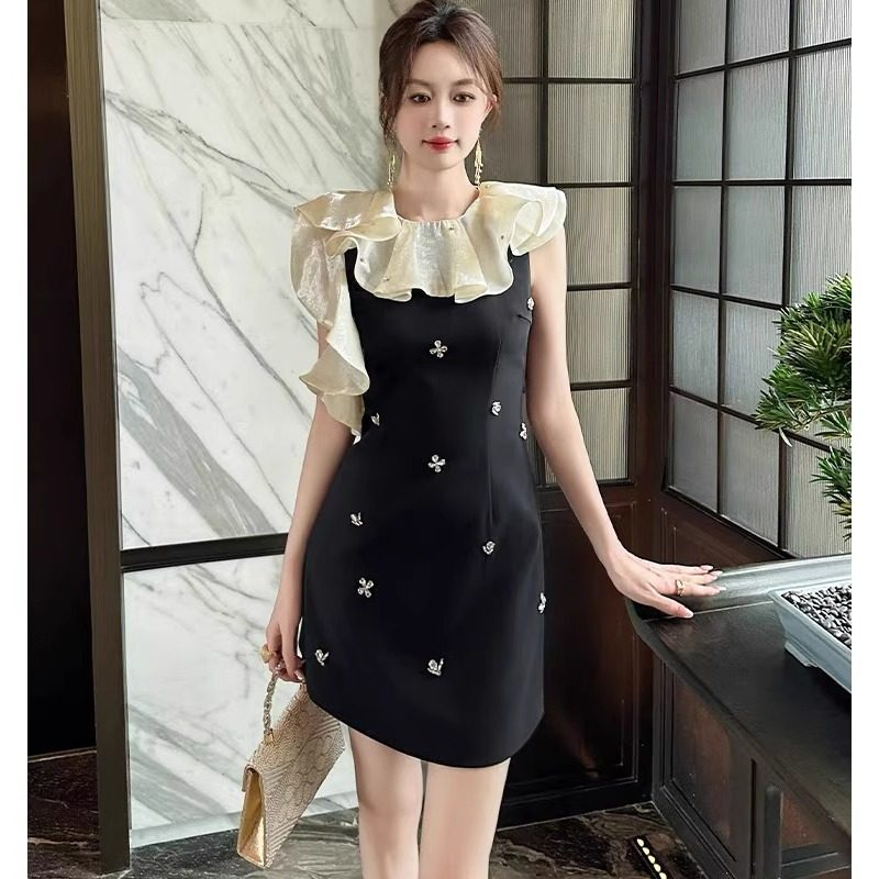 法式镶钻荷叶边连衣裙背心黑礼服