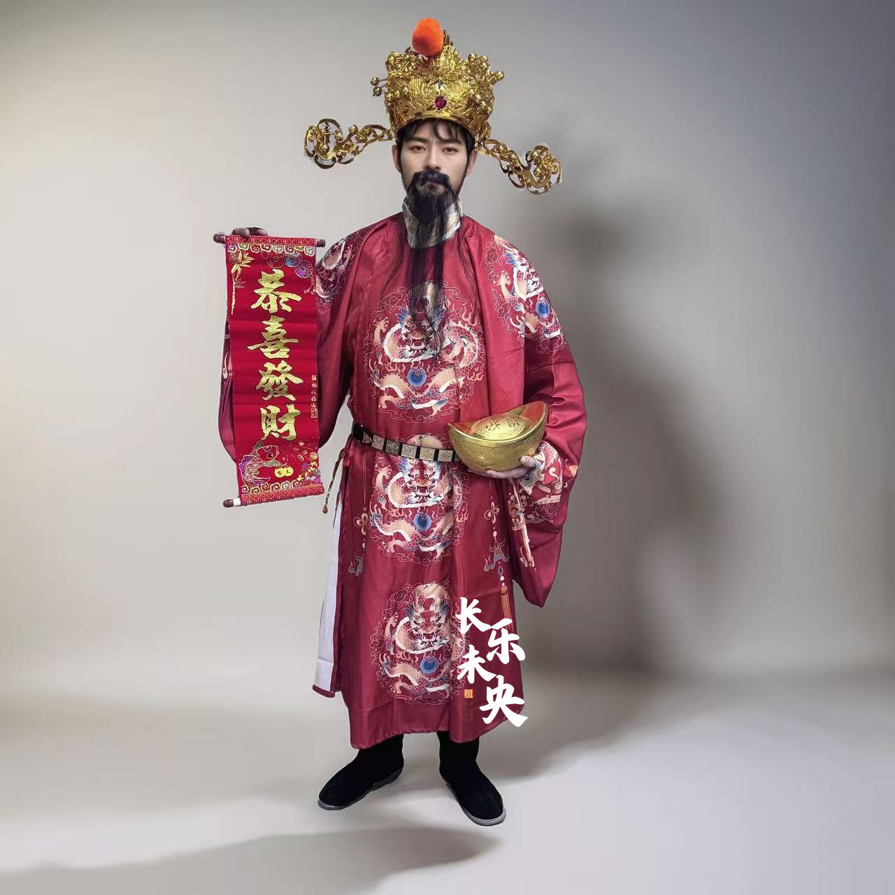 新款财神爷公司庆典开业年会景点演出巡游财神服装道具帽子出租