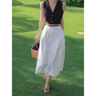 欧洲站白色半身裙女小个子2025年夏季 高腰a字裙 新款 高级感中长款