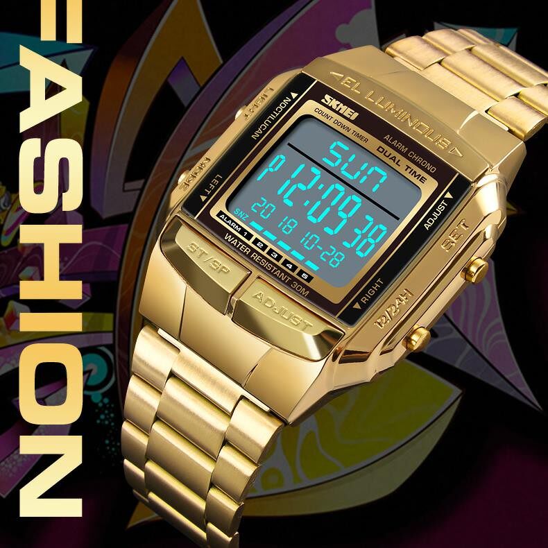 韩版复古小方块电子表男女时尚潮流钢带防水计时多功能学生小金表