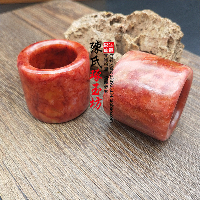 扳指戒指指环男款红色飘花玉扳指岫玉烤色直筒换古装拍摄道具玉环